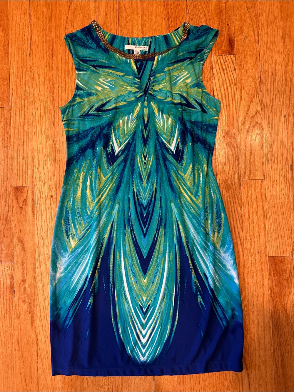 Stunning Sleeveless Stretch Teal & Navy Patterned Sheath Dress Studio One 6